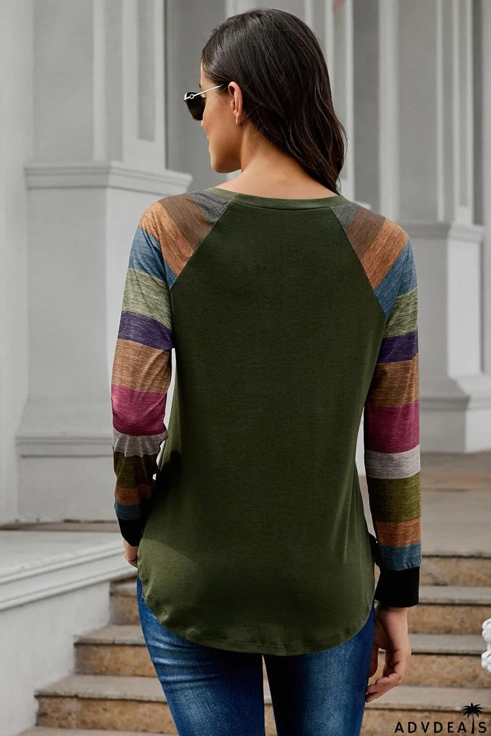 Green Color Block Long Sleeves Pullover Top