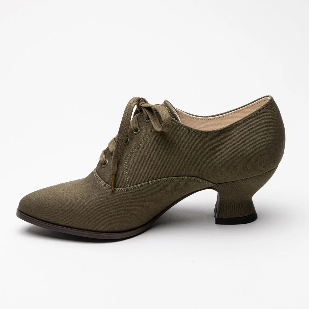 YDN Olive Canvas Tie-Up Spool Heel Almond Toe Oxford Shoes Women