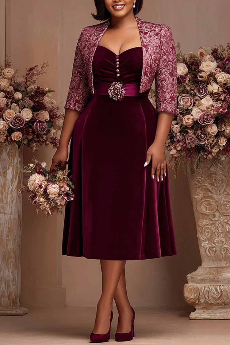 Xpluswear Design Plus Size Mother Of The Bride Burgundy 3/4 Sleeve Elegant Velvet Two Piece Dress Set [Pre-Order]