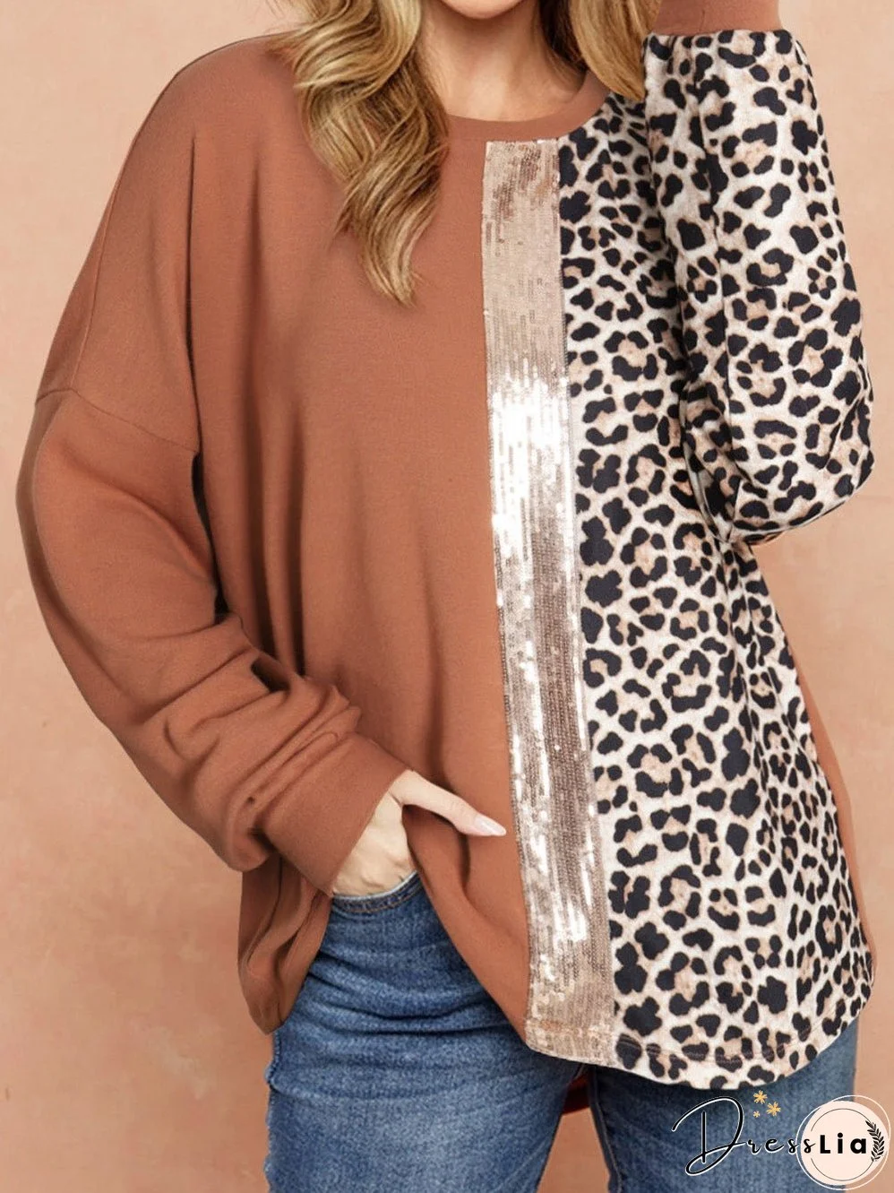 Golden Leopard Sequin Colorblock Long Sleeve Top