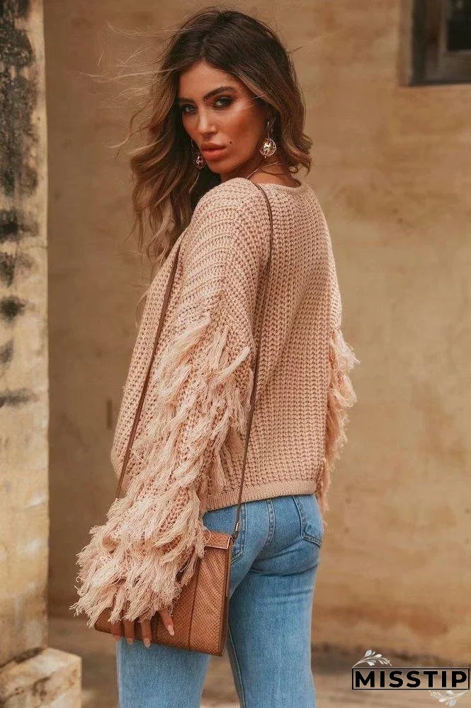 Solid Color Round Neck Long Sleeve Tassel Sweater