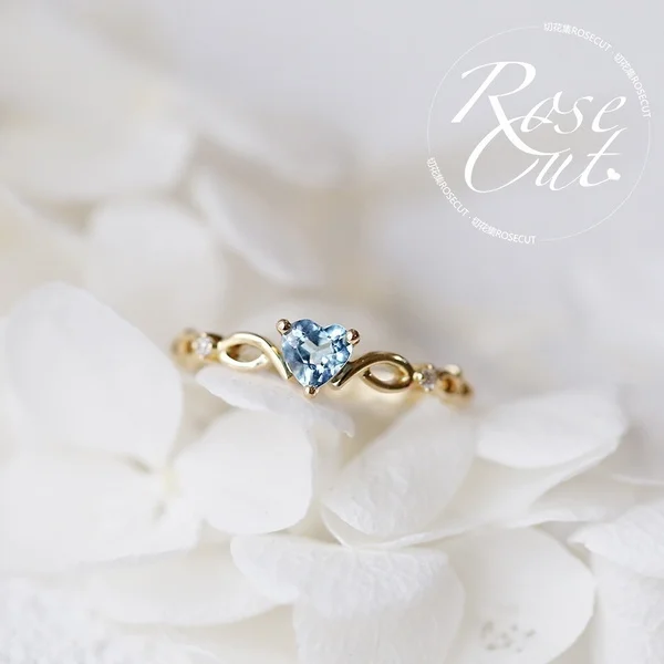 18k Gold Inlaid with Natural Aquamarine Heart Sapphire Sapphire with Diamond Ring Seablue Ring Fashion Jewelry