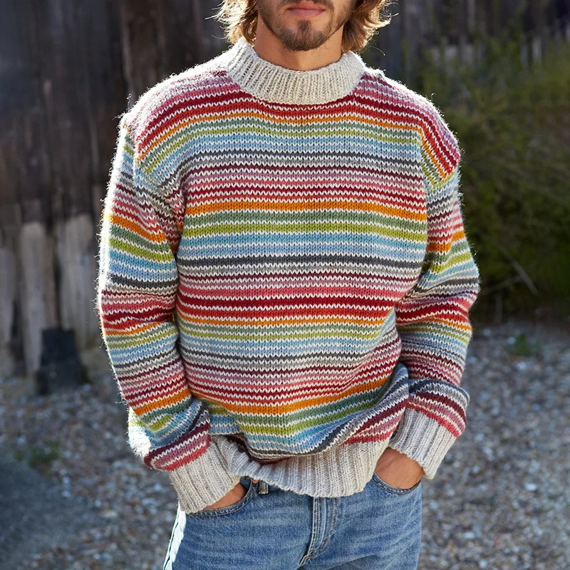 Vintage Rainbow Stripe Knit Jacquard Crew Neck Sweater