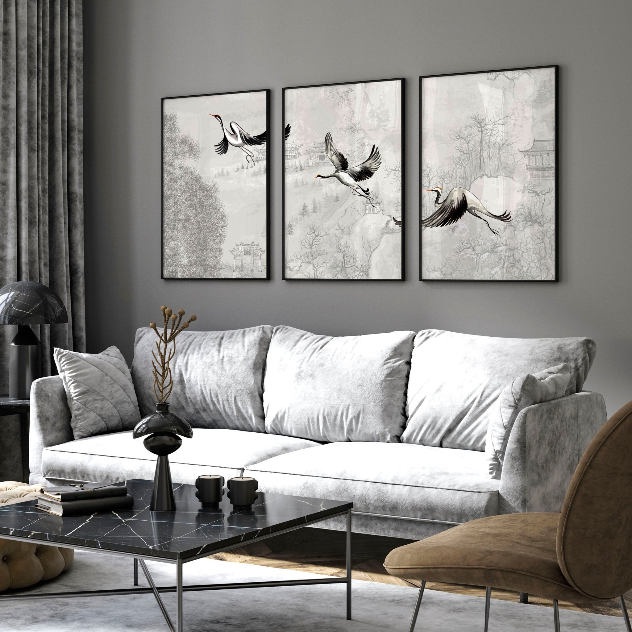 Crane art | set of 3 Japanese wall art everthome