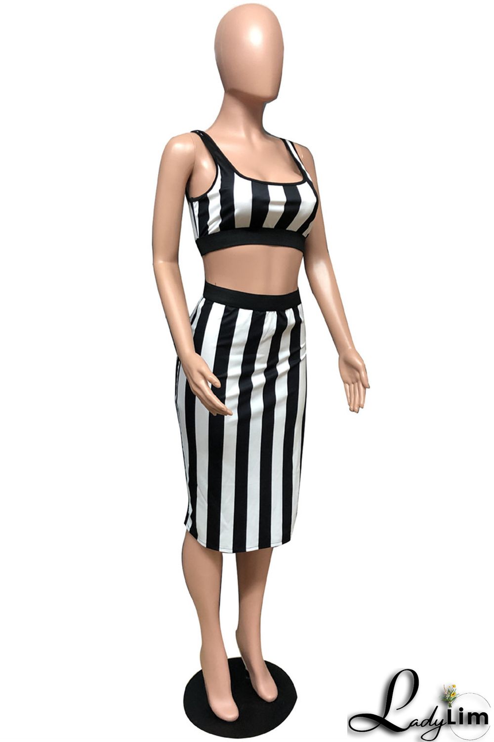 White Sexy Casual Striped Print Slit U Neck Sleeveless Two Pieces