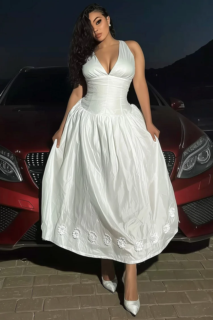 V Neck Sleeveless Gathered Hem Rosette Party Maxi Dresses-White [Pre Order]