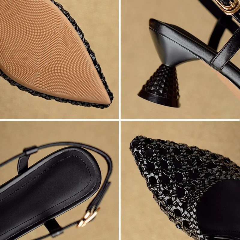 Women's Kitty Heel Woven Leather Point Toe Slingback Pumps Sandals