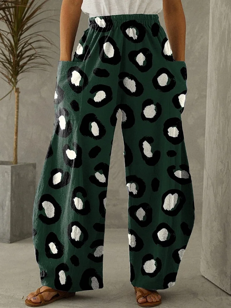 Women's Green Leopard Print Elastic Waist Wide Leg Pants Trousers Casual Pants socialshop