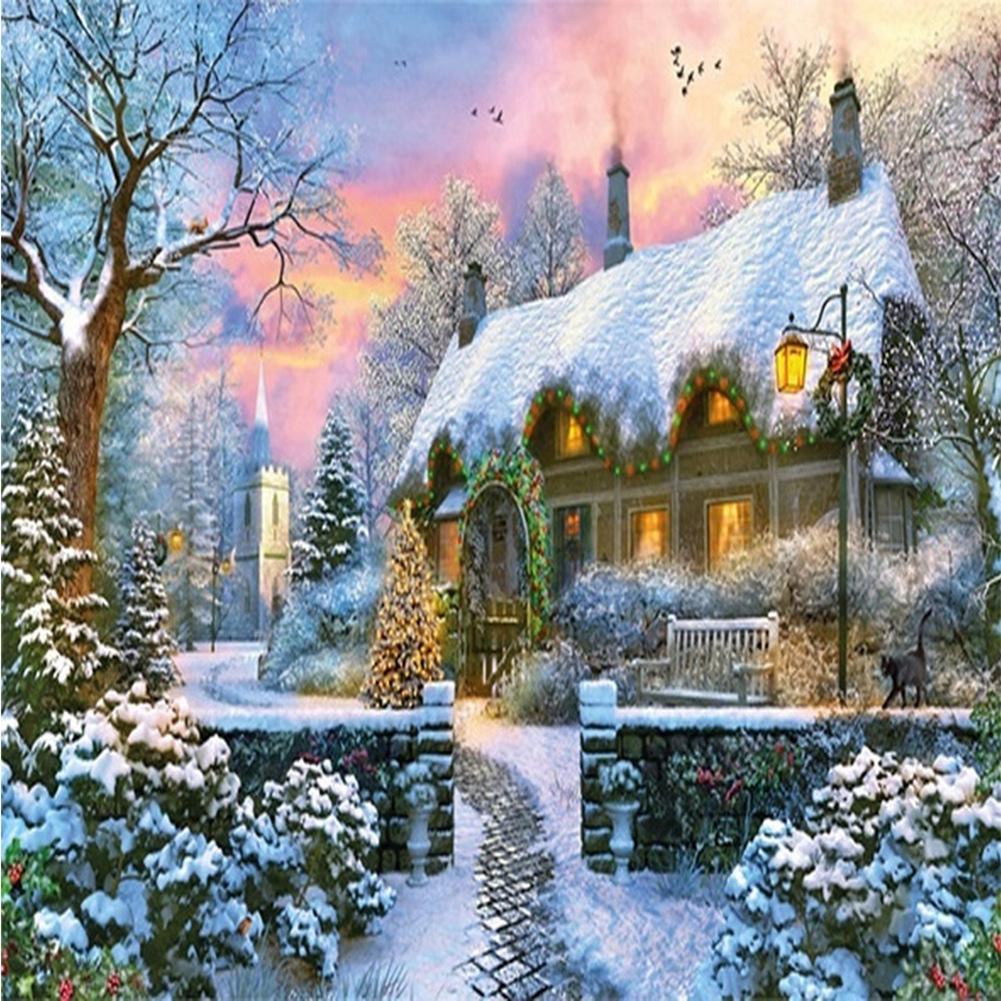 

30x30cm Round Drill Diamond Painting-Snow House, 501 Original