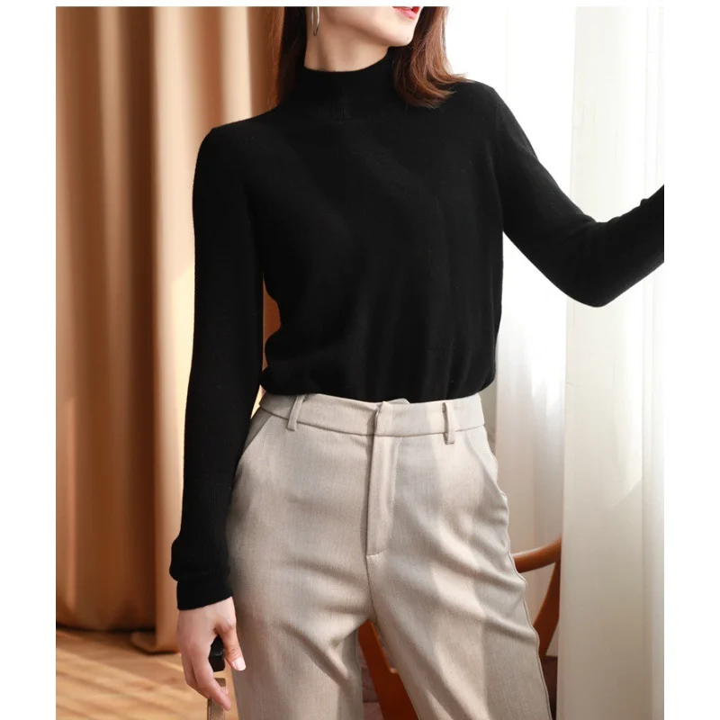 Uveng Uveng Simple Knitted Shirt Inside The Woolen Sweater Thicker Half-High Collared Shirt Sweater Women's Autumn And Winter Top