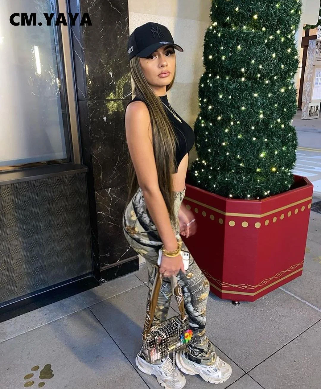 CM.YAYA Women Paisley Print High Waist Elastic Flare Long Skinny Bodycon Pants for streetwear fashion Bellbottom Trousers