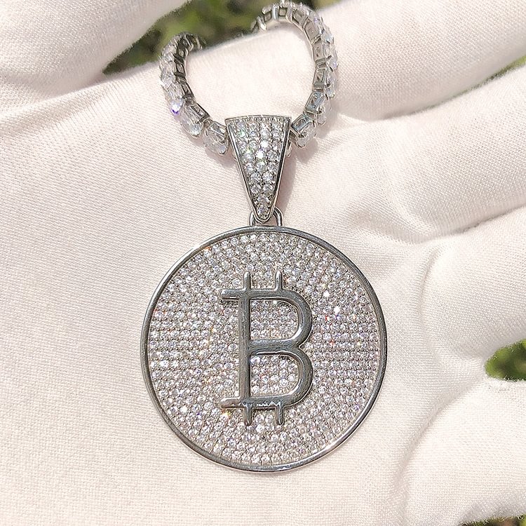 Iced Out Bitcoin Necklace Pendant 18K Gold Plated