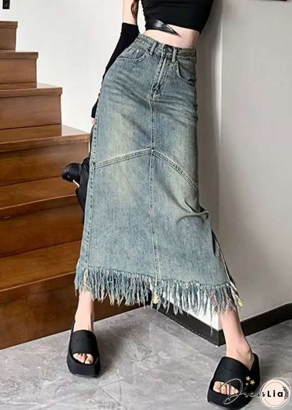 Vintage Blue Patchwork Tassel Denim Maxi Skirts Summer