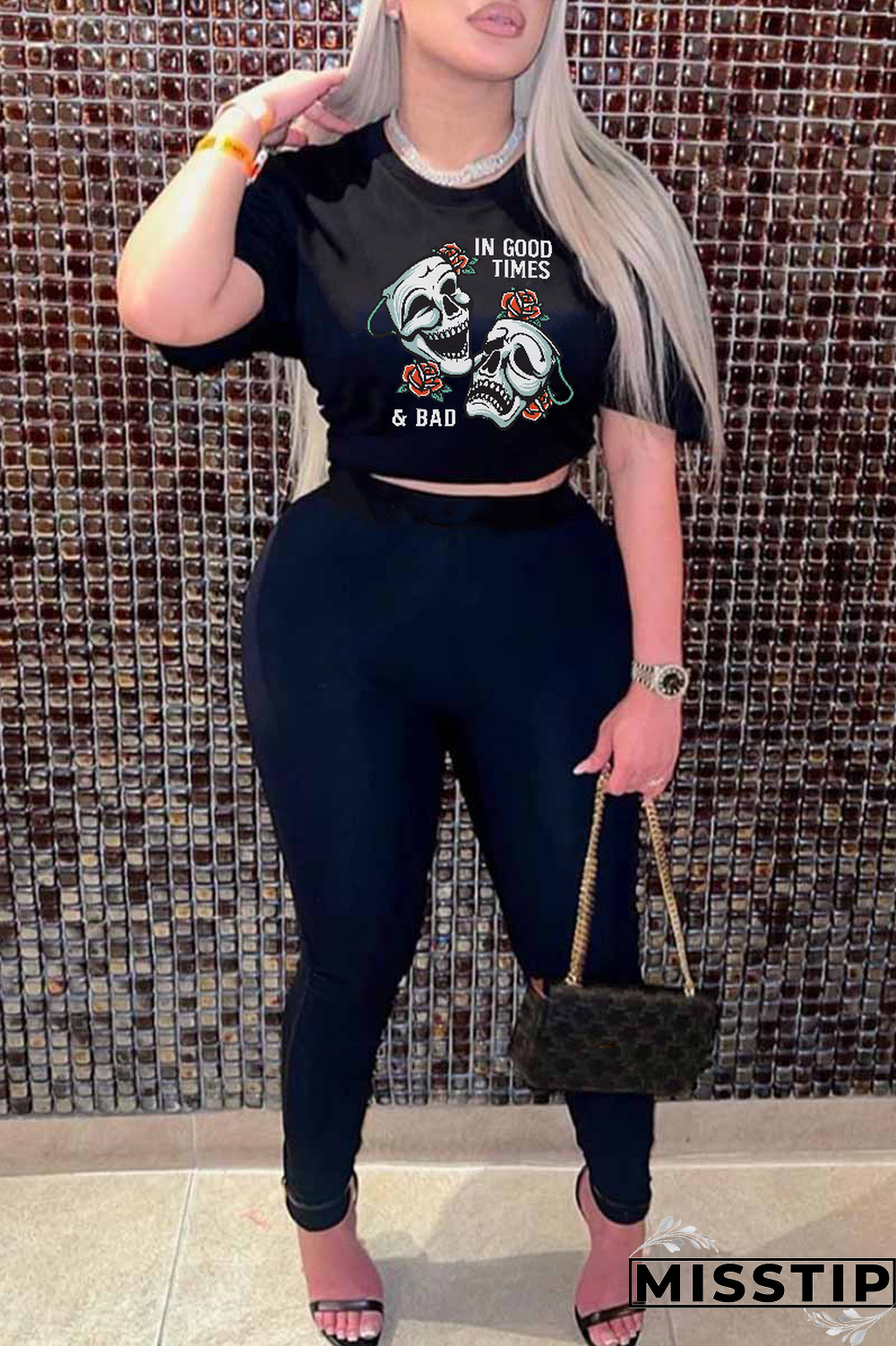 Black Casual Daily Print Patchwork O Neck T-Shirts