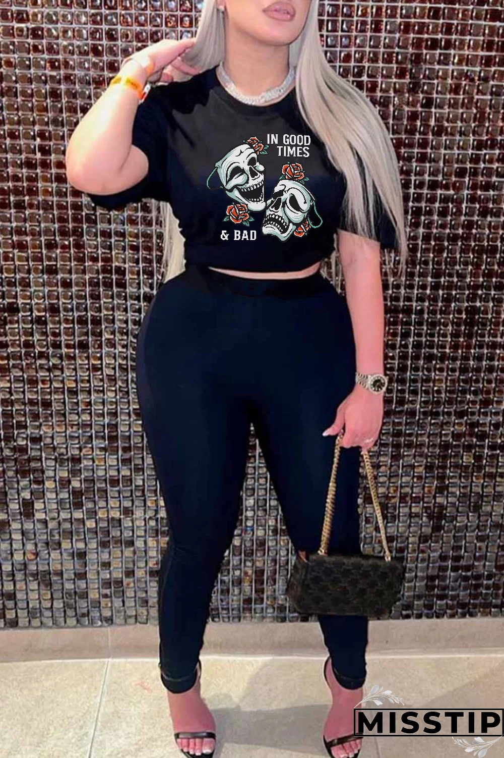 Black Casual Daily Print Patchwork O Neck T-Shirts