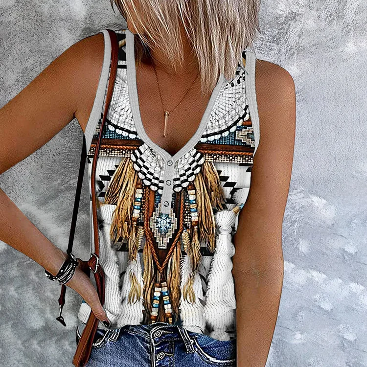 Wearshes Western Tribal Eagle Tassels Button Up Tank Top