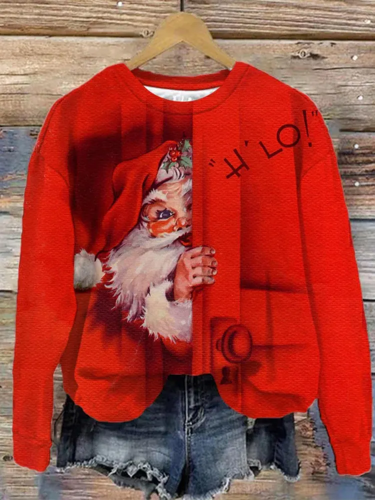 Santa Rave Top Women's Santa Print Crew Neck Long Sleeve Top
