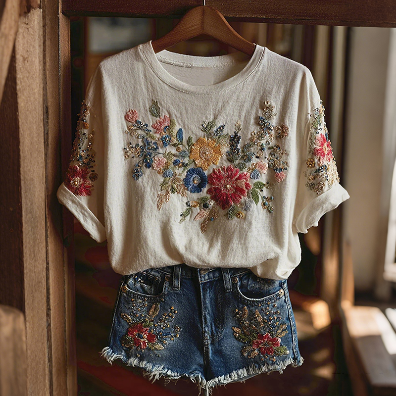 Comstylish Vintage Floral Art Casual Short Sleeve T-shirt