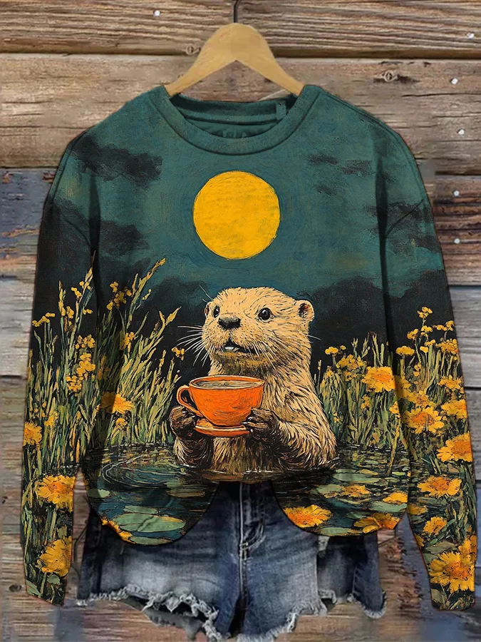 Women's Full Moon Scenery Otter Drinking Tea Oil Painting Print Sweatshirt