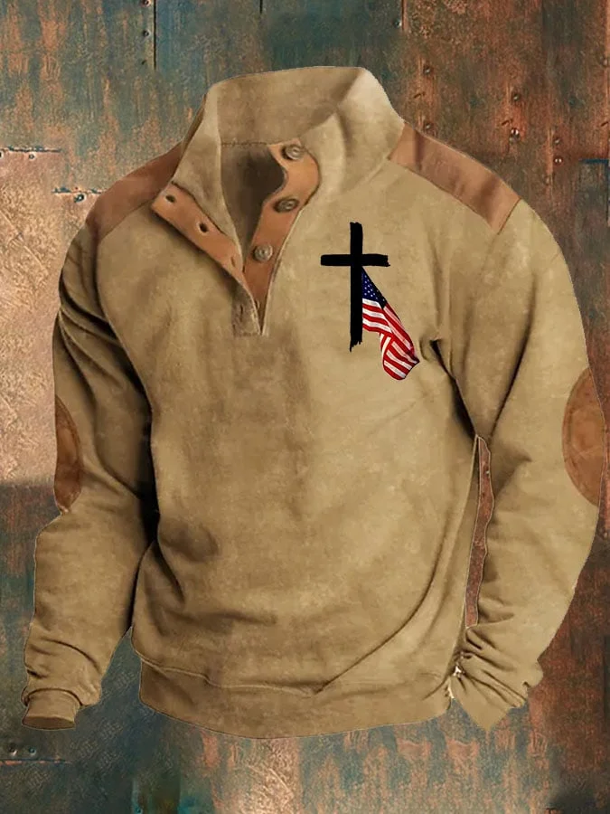 Men's Retro Western Color Block  Belief Print Long Sleeve Sweatshirt