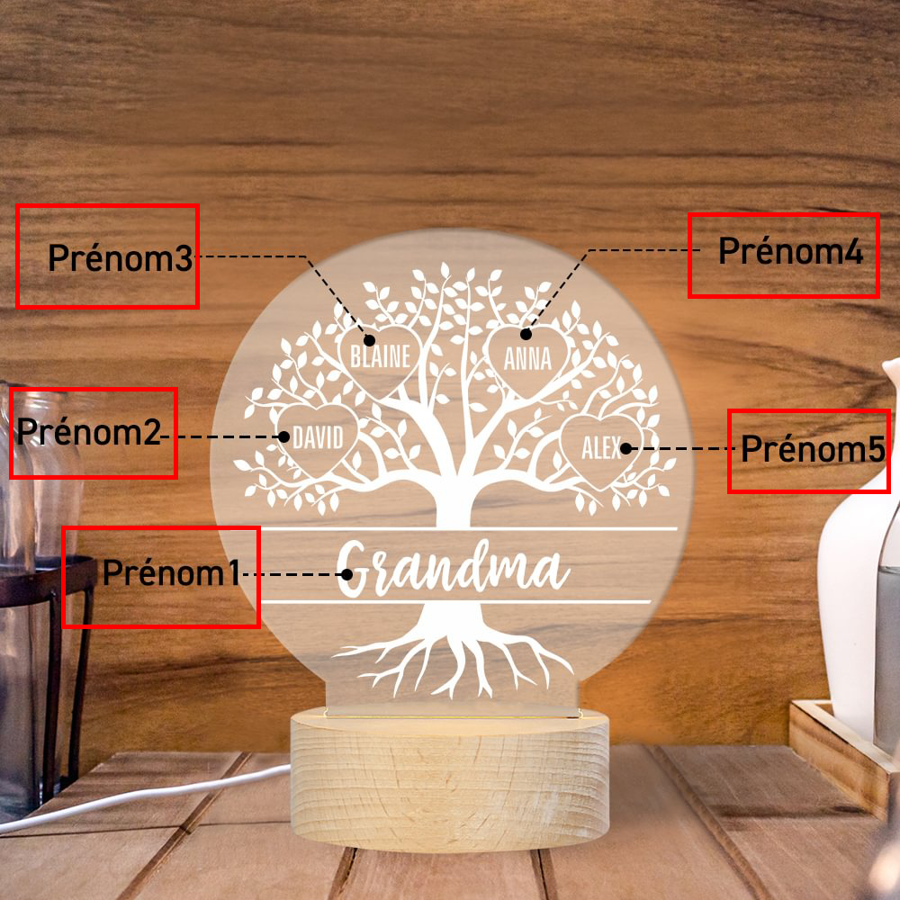 À ma Mamie/Maman - Lampe de chevet Arbre de vie LED Lumières 5 Prénoms Personnalisés pour Famille