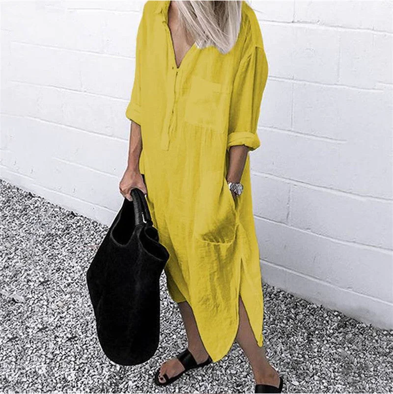 Uveng Solid Color Cotton Blend Simple Long Shirt Women's Dress