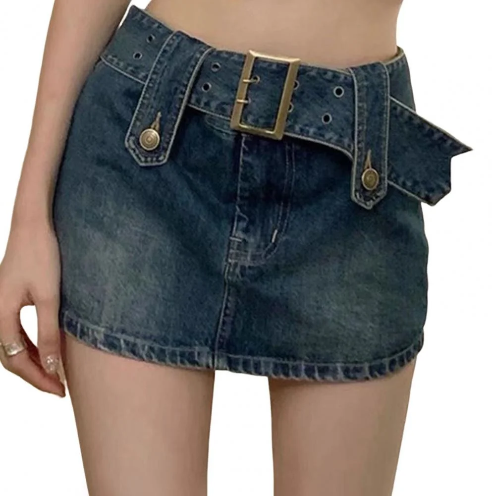 Women Skirt Denim Skort Zipper Fly Slim Mini Skort with Belt Fake Two Pieces High Waist  Denim Skirt Streetwear faldas mujer