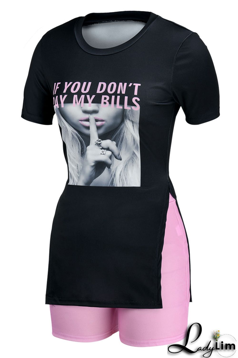 Black Casual Print Split Joint Slit O Neck Short Sleeve Two Pieces