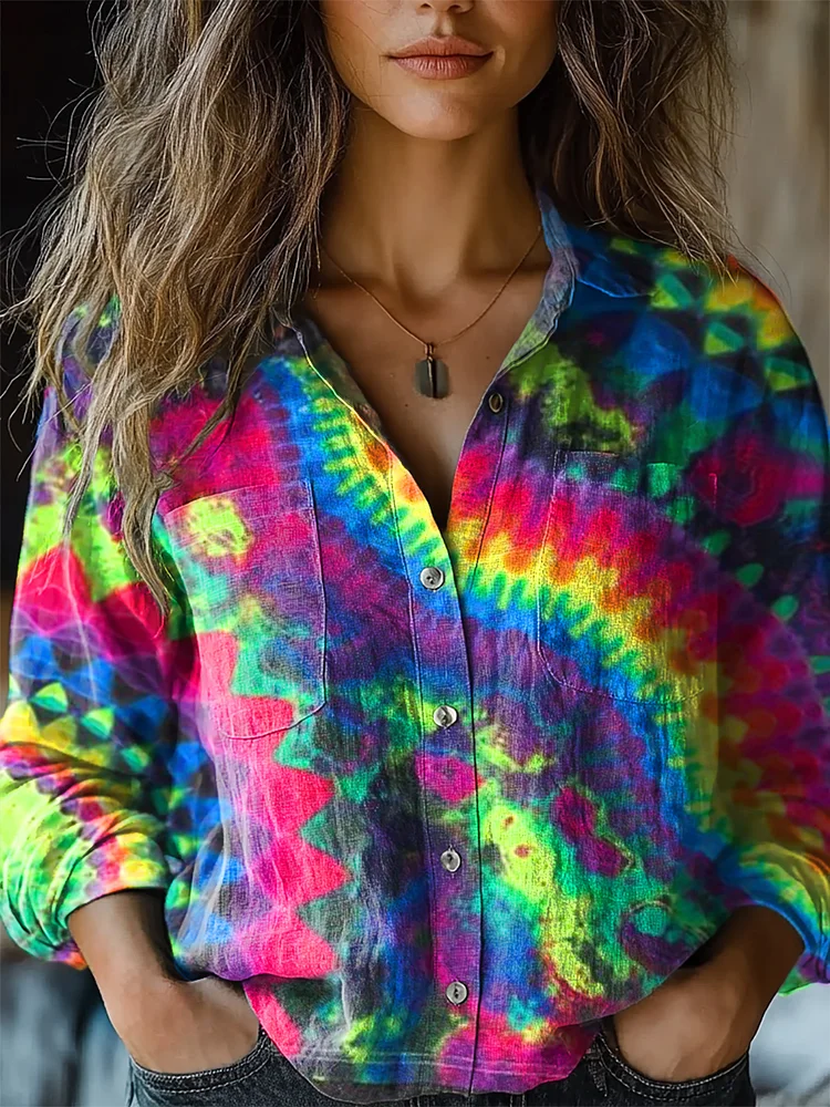 Women's Trippy Tie Dye Kaleidoscope Print Casual Long Sleeve Comfortable Cotton Shirt