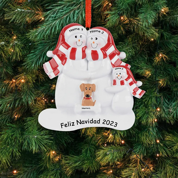 Navidad-Muñecos Ornamentos Navideños Familia con Perro 4 Nombres con Texto Personalizados Adorno de Madera