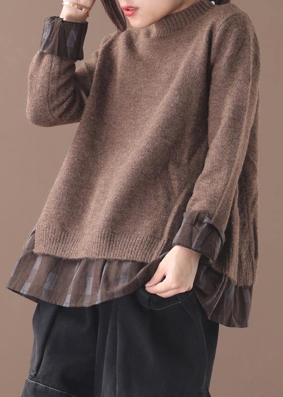 Winter o neck chocolate knitwear trendy plus size false two pieces knitted t shirt
