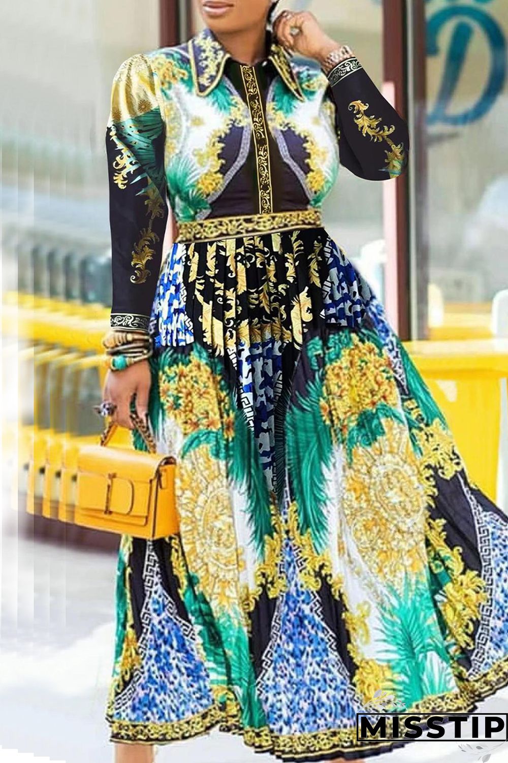 Black Gold Celebrities Elegant Print Printing Turndown Collar Printed Dress Dresses