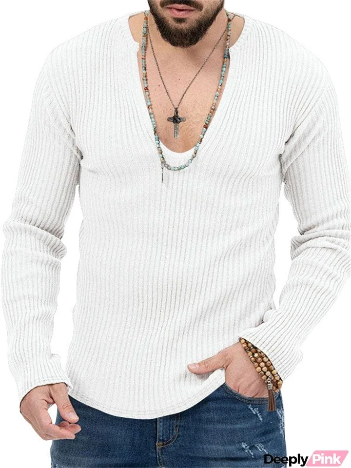 Men's U Neck Stripe Texture Fit Knitted Shirt