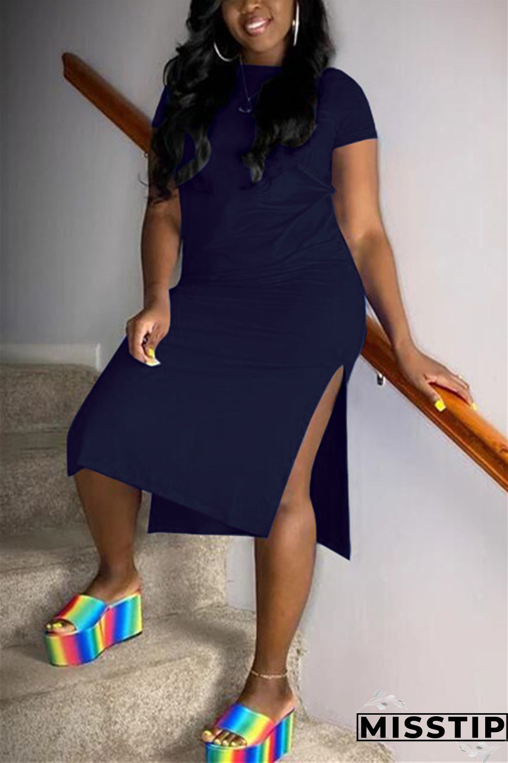 Hide Blue Sexy Short Sleeves O neck Swagger Knee-Length Solid split Dresses