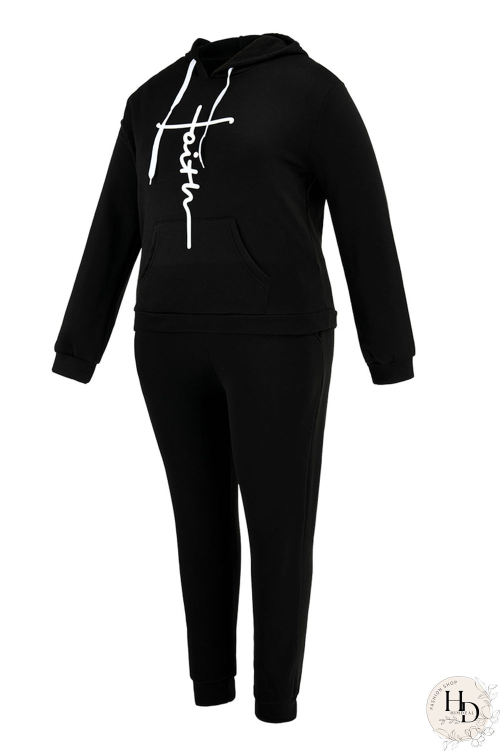 Black Fashion Casual Print Basic Hooded Collar Plus Size Two Pieces