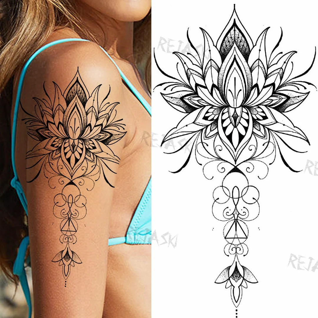Sexy Snake Flower Fake Temporary Tattoo For Women Black Sunflower Tattoos Bloosom Big Daisy Camellia Water Transfer Tatoos Legs
