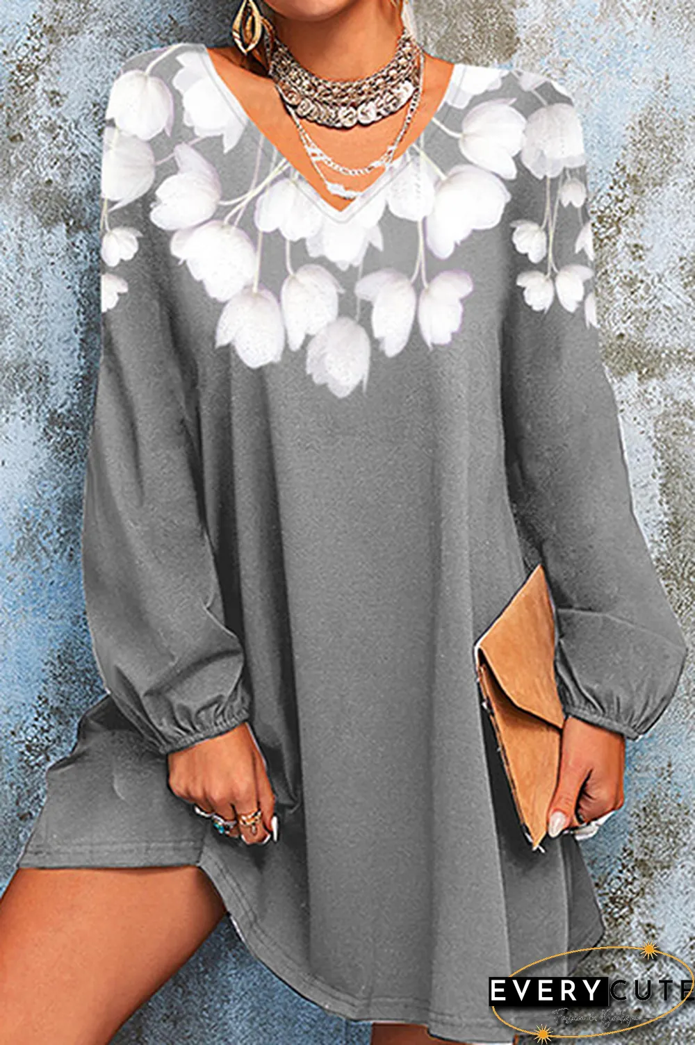 Casual Floral Split Joint  Contrast V Neck A Line Dresses
