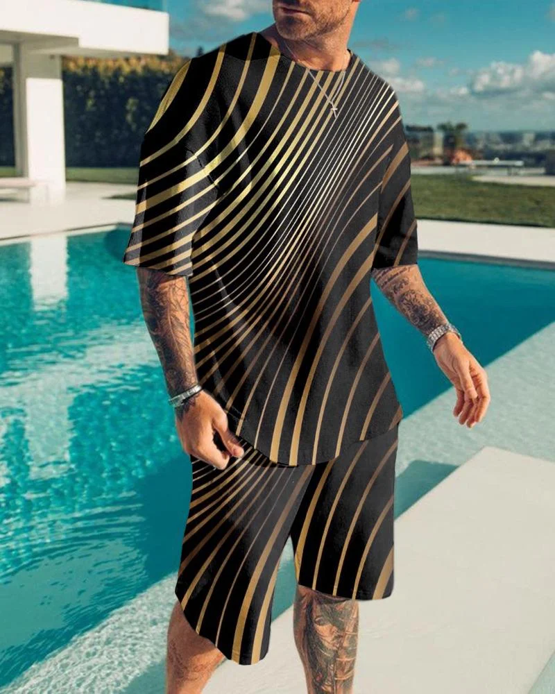 Men's Holiday Vintage Gold Pattern Print Shorts Suit