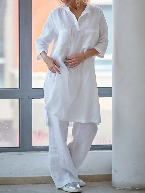 Women's Loose Casual Long-Sleeved Solid Color Linen Suit