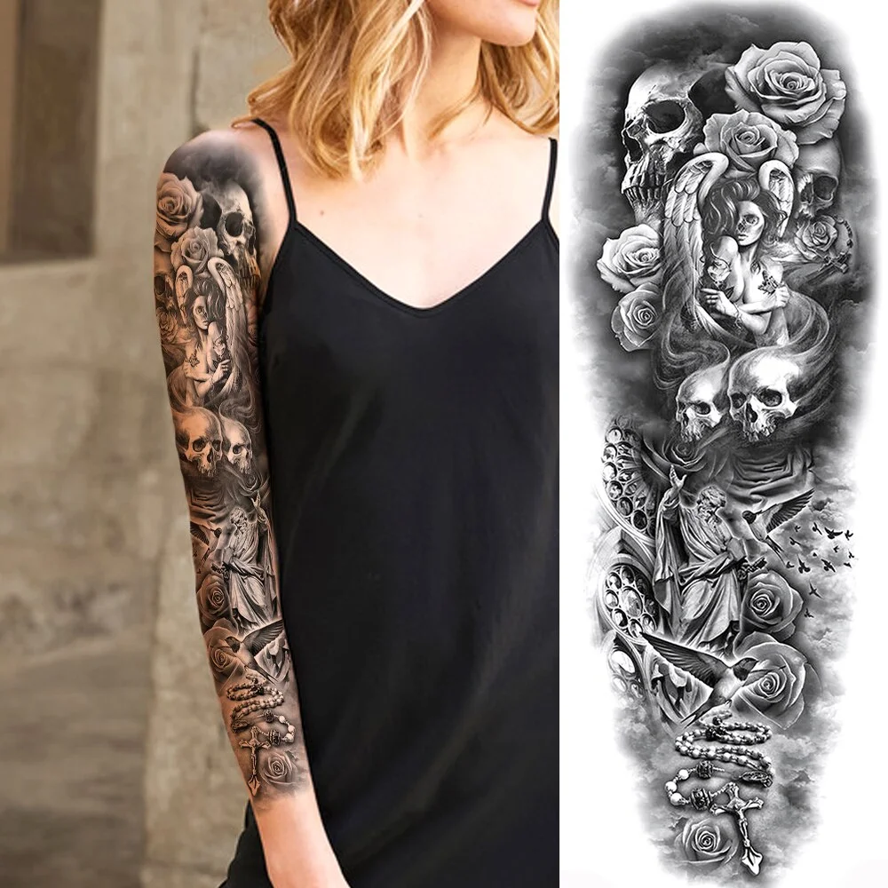 Sdrawing Military Wolf Temporary Tattoos Sleeve For Men Adult Fake 3D Lion Skull Tatoos Sticker Full Arm Warriors Tattoos For Show