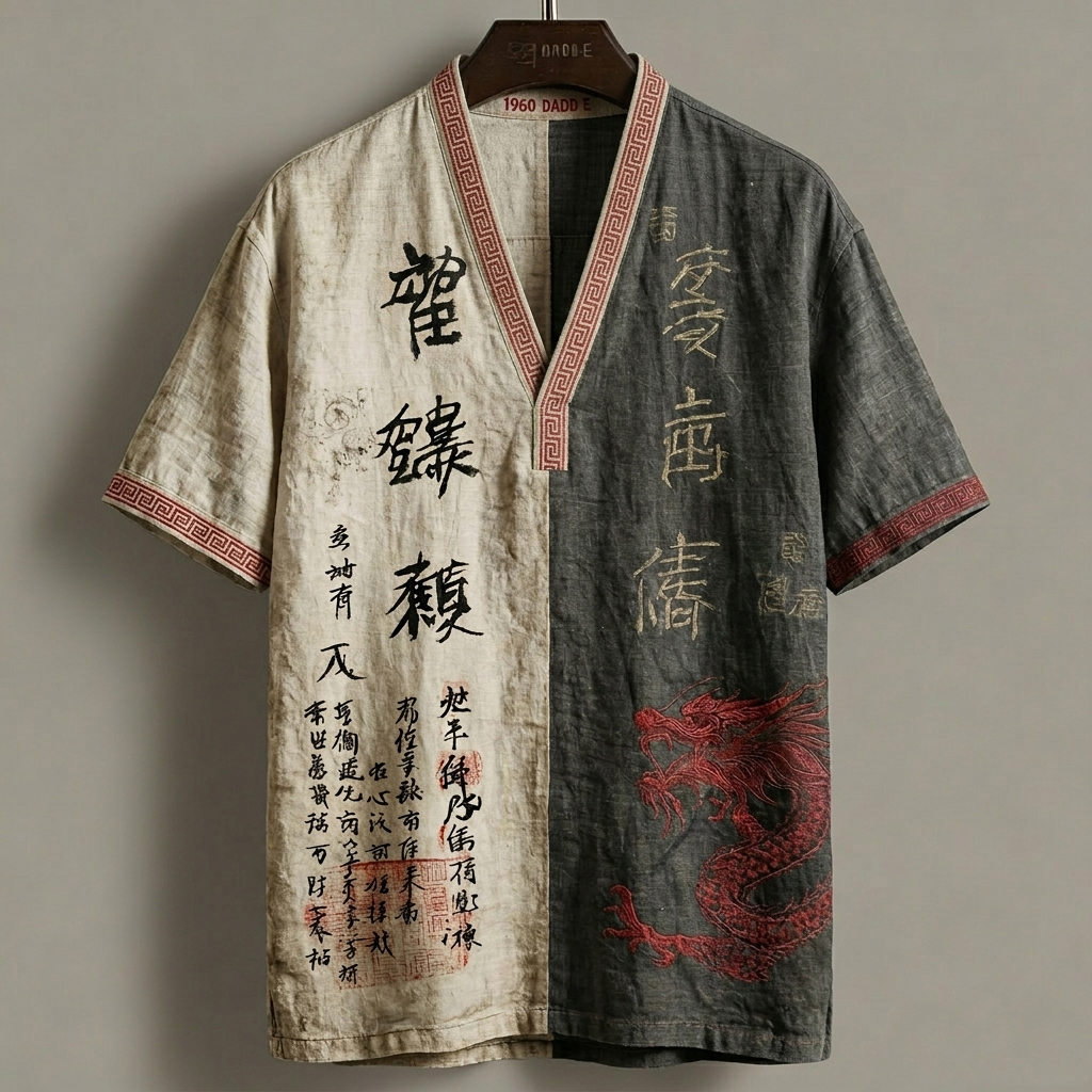 Japanese Dragon Pattern Calligraphy And Painting Art Linen V-neck T-shirt elevenforest