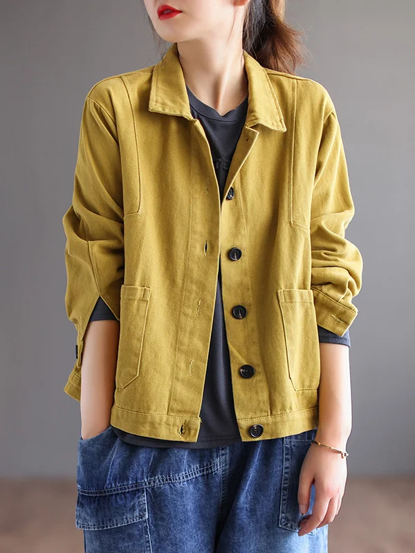 Vintage Loose Long Sleeves Buttoned Solid Color Lapel Collar Outerwear