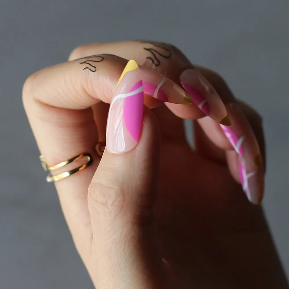 Yellow Pink with Nude Swirl False nails Stiletto Stick on nails Almond French Abstract Pastel Fake nails-Nail Inspo