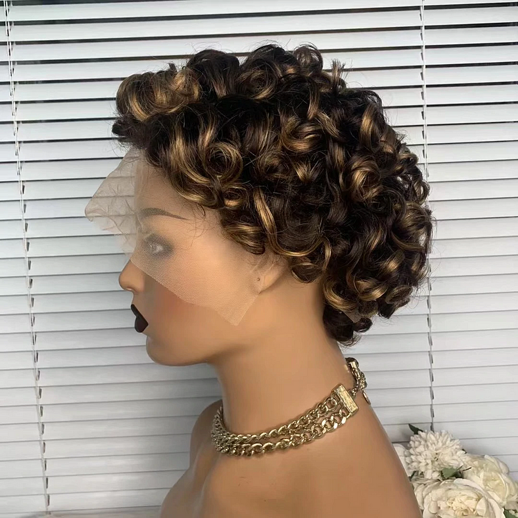 Highlight Honey Brown Color Short Curly Bob Pixie Cut Wig [PC2004]