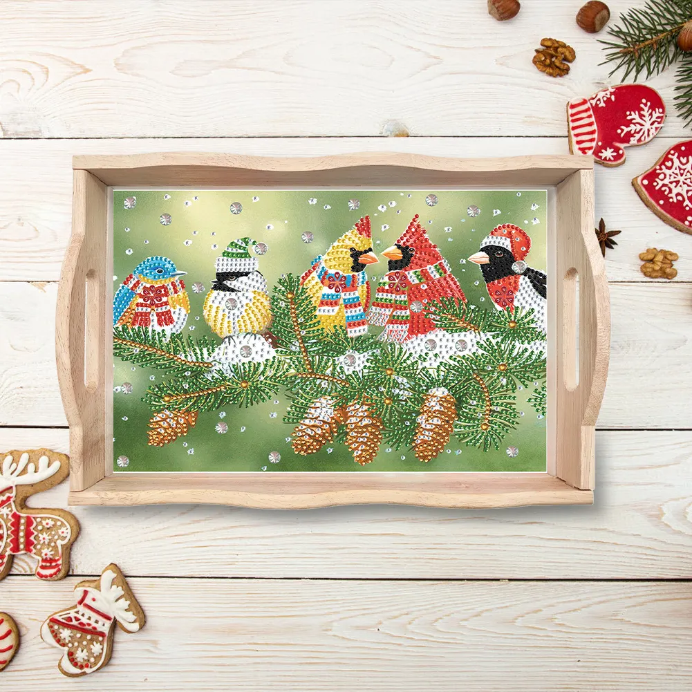 DIY Christmas Cardinal Diamond Painting Wooden Serving Tray Home Decoration