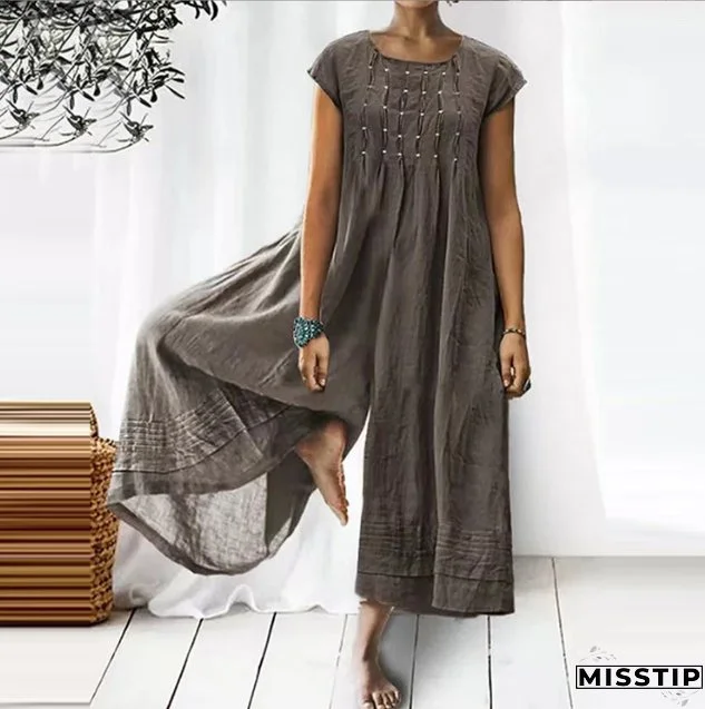 Fashion Vintage Crinkled Cotton Linen Elegant Wide Leg Loose Jumpsuit