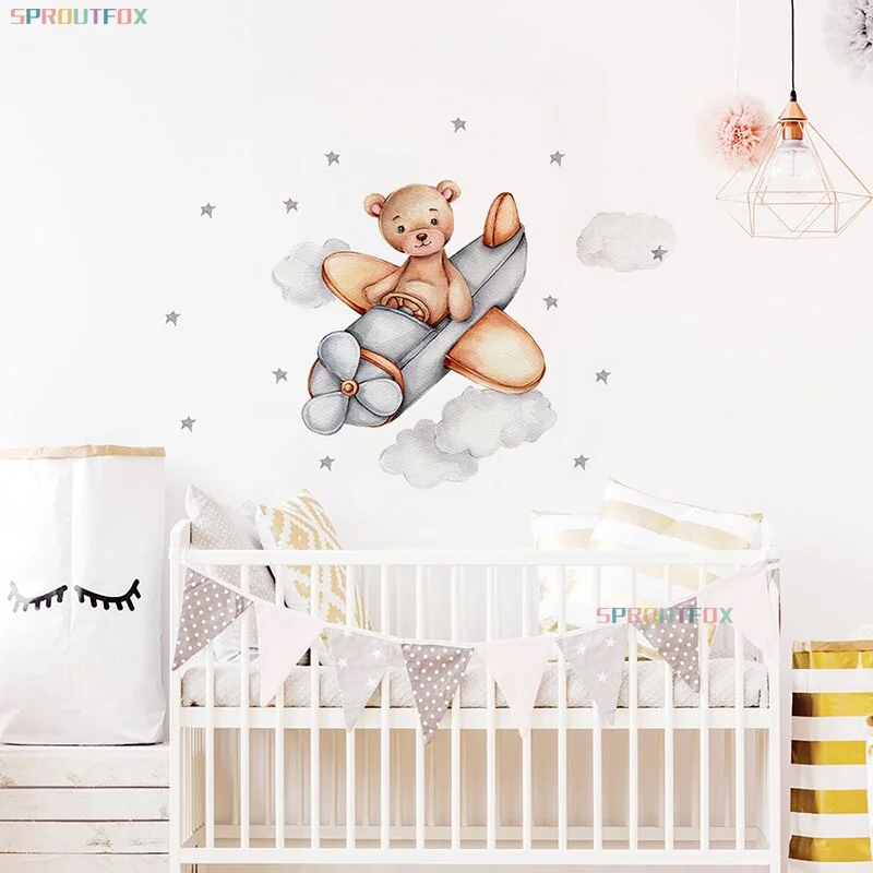 Cute Bear on Airplane Wall Stickers Stars Clouds Wall Decals for Kids Boy Room Bedroom Baby Nursey Home Decoartion Animals