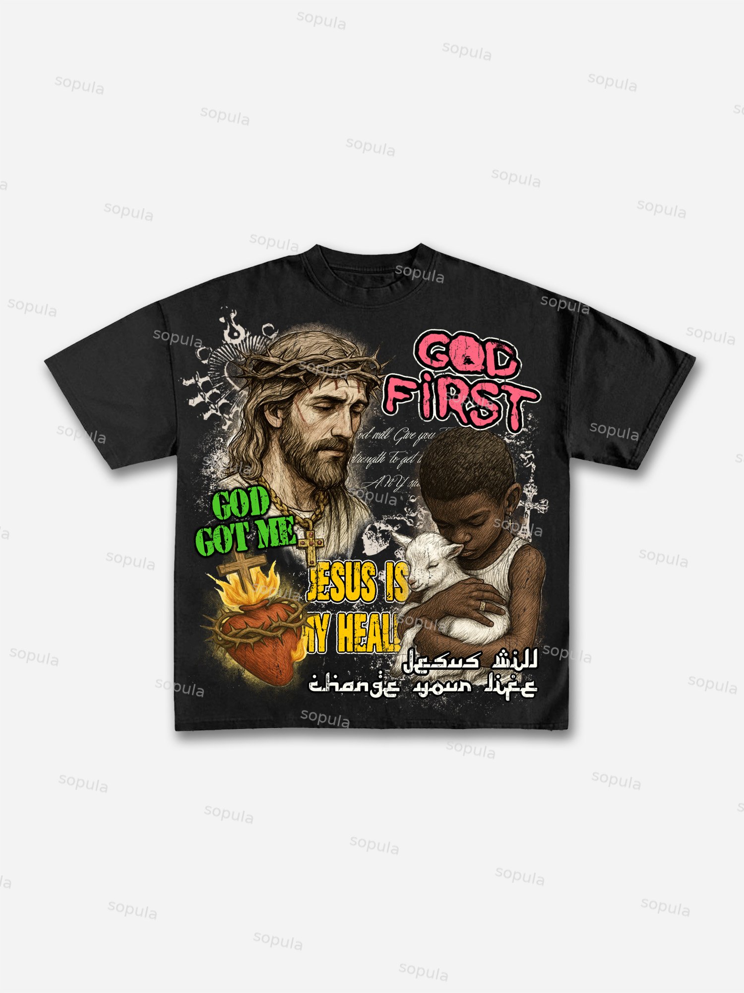 Jesus Is My Healr Vintage Black Boy Graphic Cotton T-shirt - Sopula｜Premium Graphic Tees & Graphic Clothing