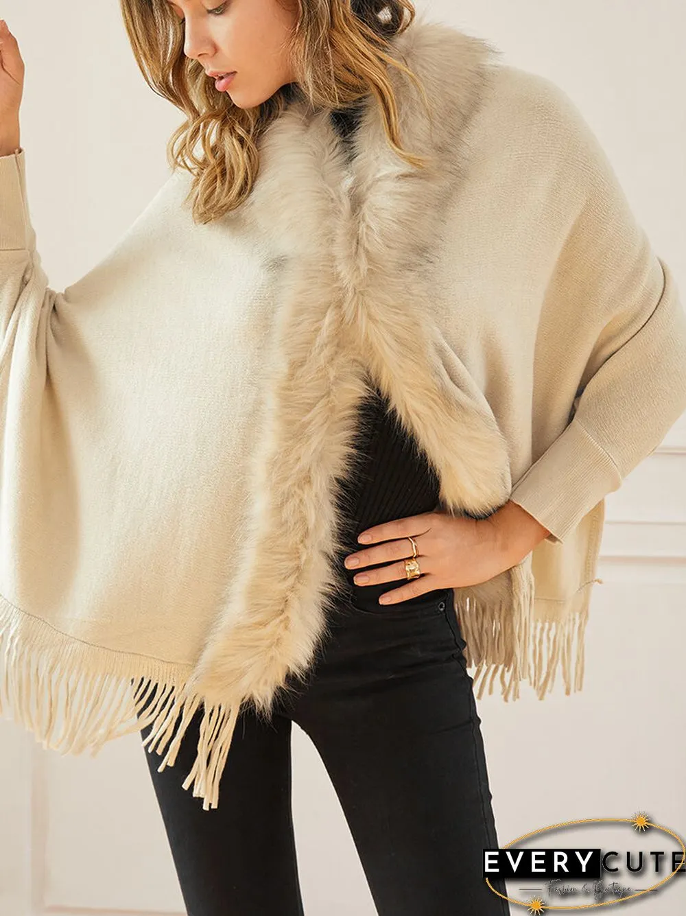 Solid Fringe Hem Dolman Sleeve Open Front Cape Cardigan