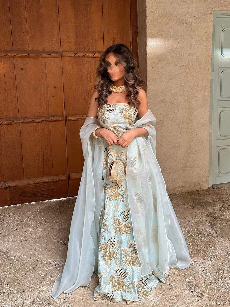 Ethnic Floral Gold Embroidered Mesh Dress and OutwearTwo-Piece Set